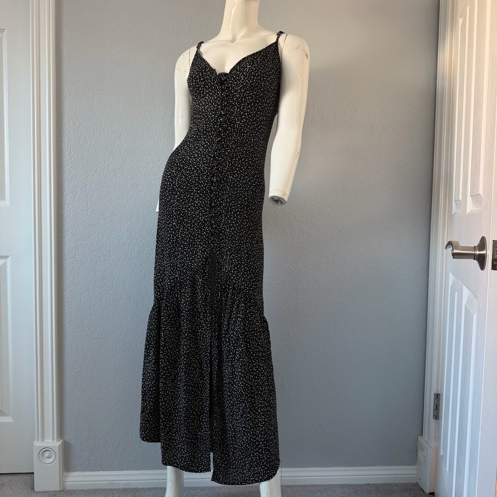 Flynn Skye OpenBack Tiered Maxi Dress Speckled Black Boho Front Slit Medium USA